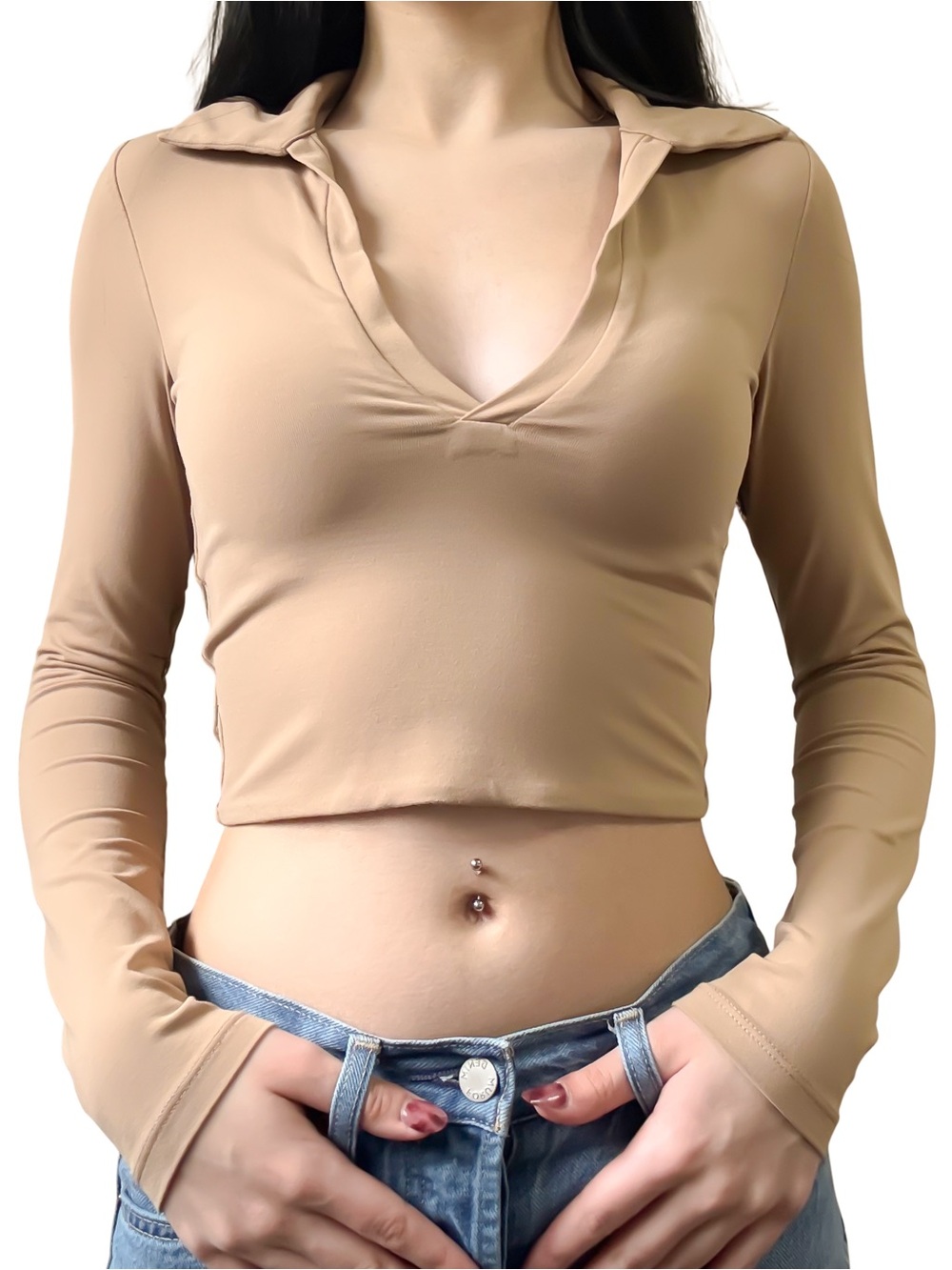 BABATON ARITZIA Collared V Neck Crop Top Long Sleeve Taupe Tan Size XS GUC - Picture 3 of 13